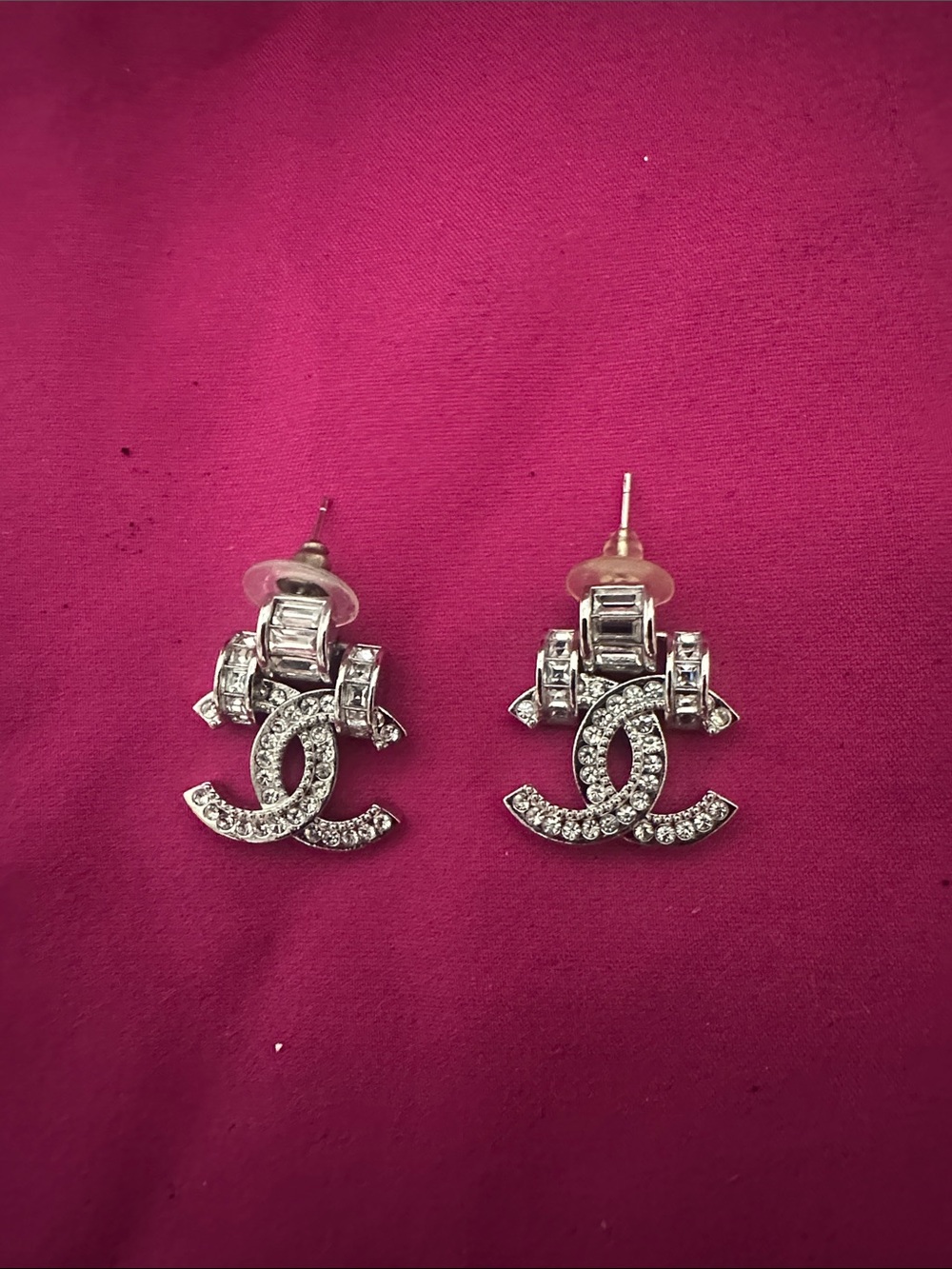 CHANEL Silver-Tone Crystal Double C Drop Earrings